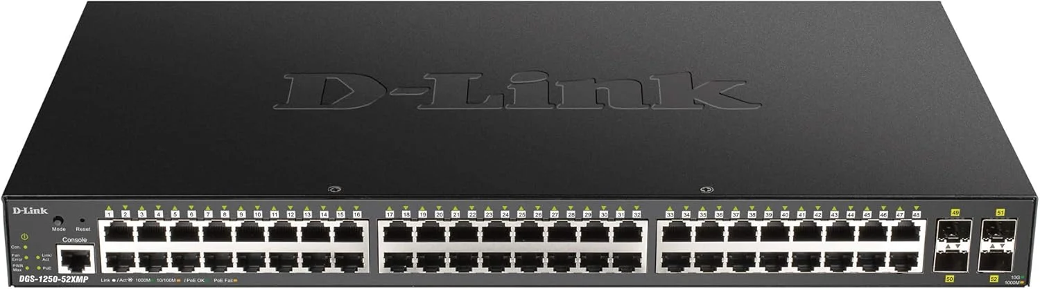 سوئیچ مدیریتی هوشمند PoE گیگابیتی 52 پورت DGS-1250-52XMP با آپلینک 10G، بودجه PoE 370 واتی، 48 پورت PoE 10/100/1000base-t، 4 پورت SFP+ 10G، ظرفیت سوئیچینگ 176 گیگابیت بر ثانیه