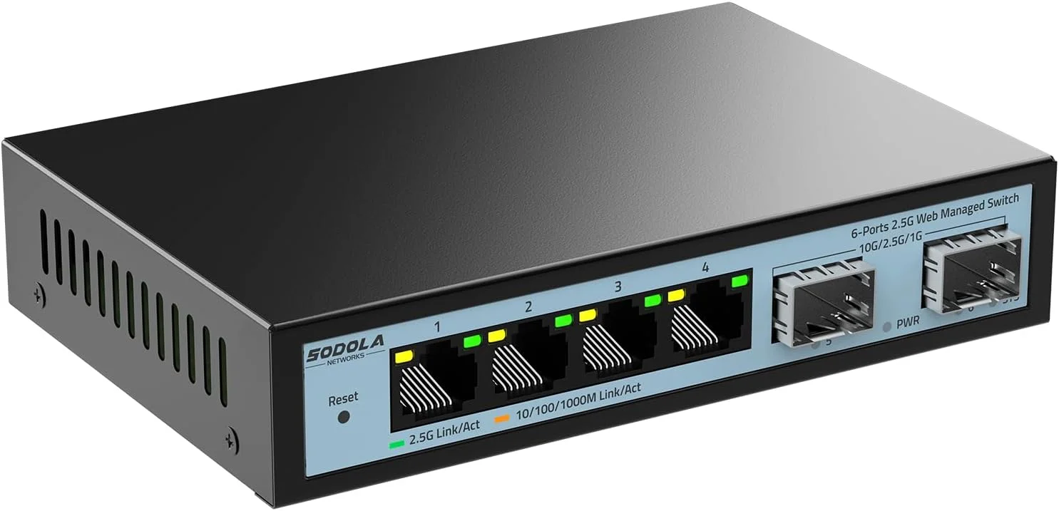 سوئیچ مدیریتی وب آسان SODOLA با 6 پورت 2.5G، دارای 4 پورت 2.5G Base-T، 2 پورت 10G SFP+، تجمیع استاتیک، QoS/VLAN/IGMP، سوئیچ شبکه 2.5Gb برای آزمایشگاه خانگی
