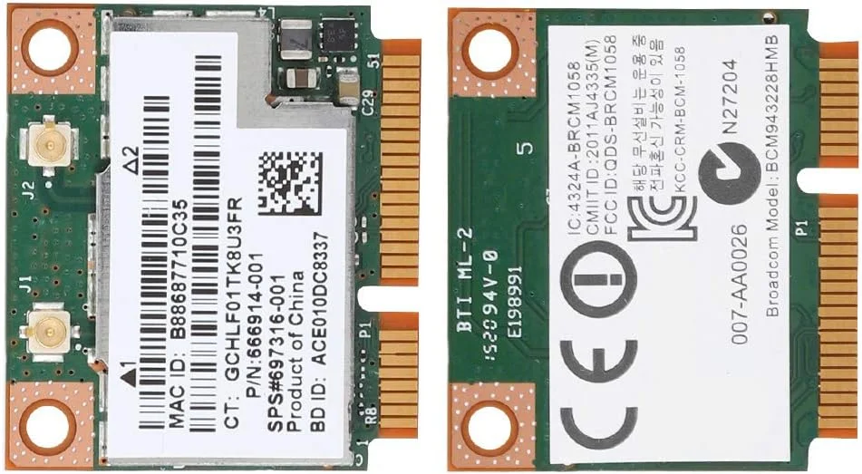 کارت شبکه وای فای دو بانده 300 مگابیت بر ثانیه Mini PCI-e مدل BCM943228HMB، کارت شبکه LAN، استاندارد IEE 802.11 a/b/g/n، پشتیبانی از بلوتوث 4.0، برای لپ تاپ های HP