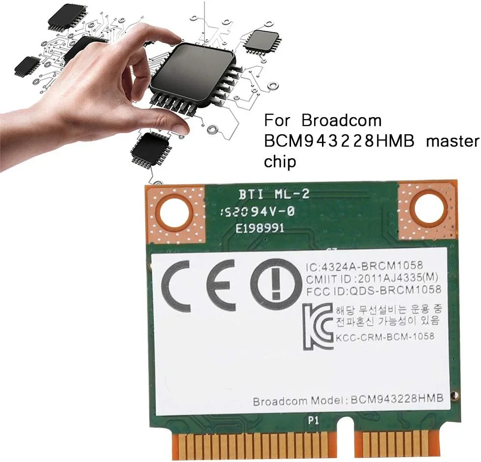 کارت شبکه وای فای دو بانده 300 مگابیت بر ثانیه Mini PCI-e مدل BCM943228HMB، کارت شبکه LAN، استاندارد IEE 802.11 a/b/g/n، پشتیبانی از بلوتوث 4.0، برای لپ تاپ های HP
