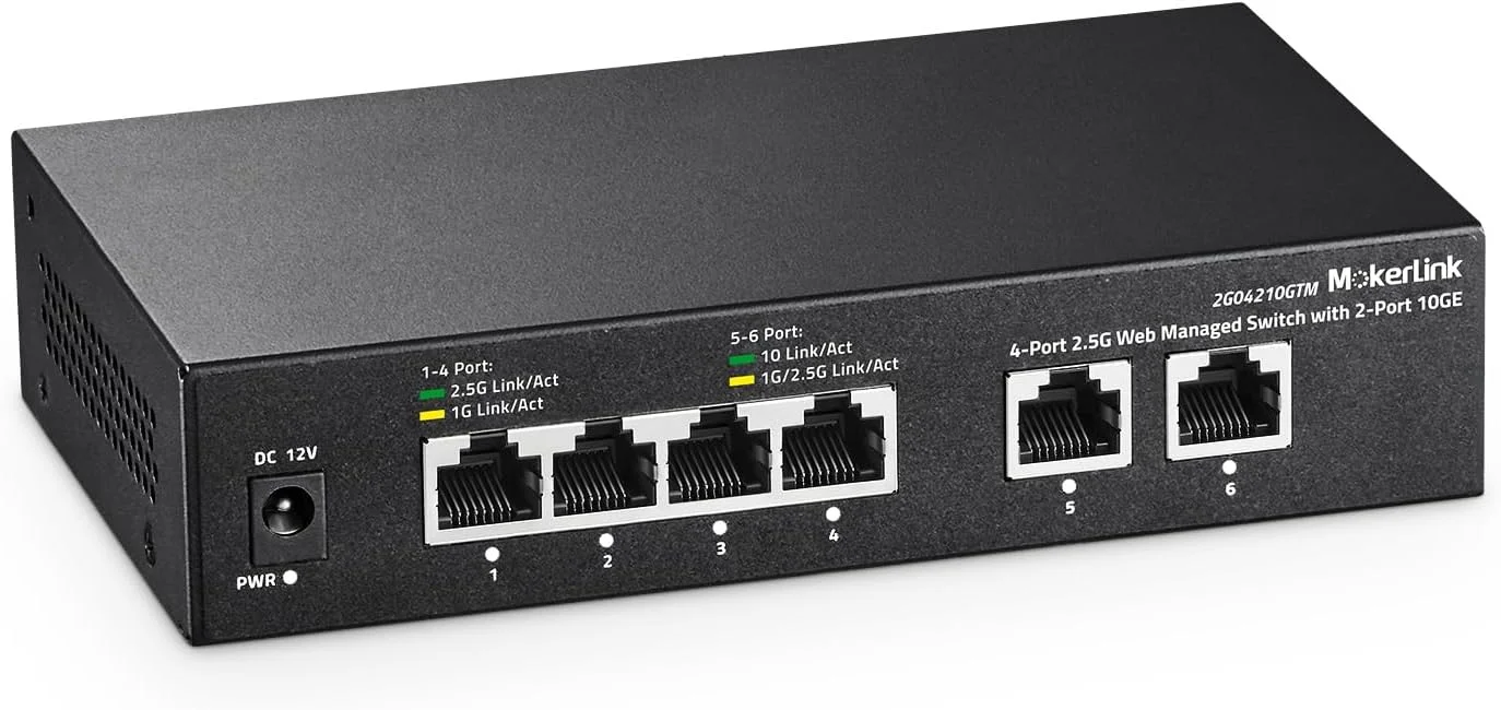 سوئیچ مدیریتی تحت وب آسان MokerLink 10G، دارای 4 پورت 2.5G و 2 پورت 10G RJ-45 Base-T، پشتیبانی از LACP/VLAN/QOS/IGMP، سوئیچ شبکه فلزی بدون فن با مدیریت تحت وب