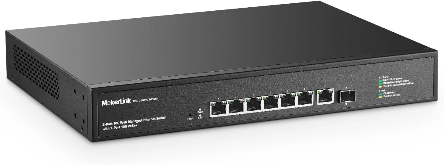 سوئیچ مدیریتی تحت وب 8 پورت 10 گیگابیتی PoE MokerLink با +SFP 10G، 7 پورت PoE++ IEEE802.3af/at/bt 260W، سوئیچ شبکه رک مونت مدیریتی
