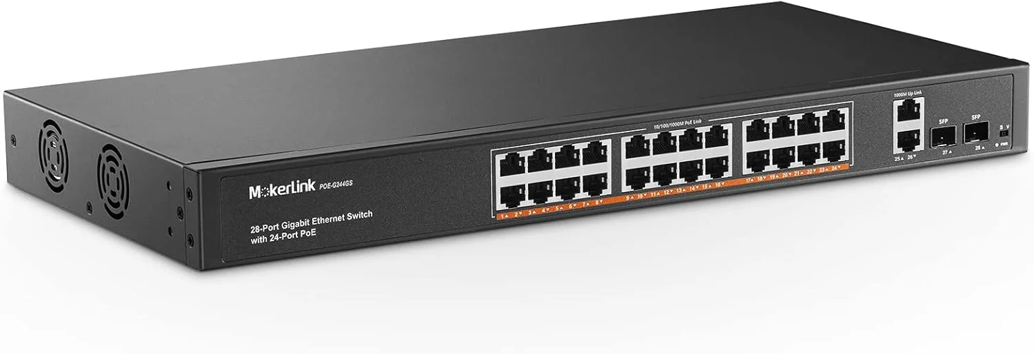 سوئیچ 24 پورت گیگابیتی PoE MokerLink، تجهیزات شبکه کامپیوتری، 2 آپلینک گیگابیت اترنت، 2 SFP گیگابیت، 400W IEEE802.3af/at، سوئیچ شبکه Rackmount Unmanaged Plug and Play
