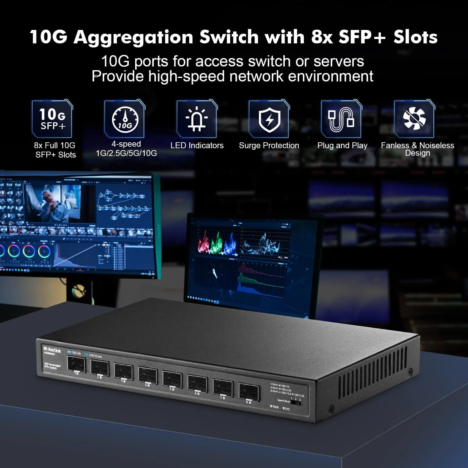سوئیچ 8 پورت 10 گیگابیت بر ثانیه SFP+ MokerLink، پشتیبانی از ماژول SFP با سرعت 1G/2.5G/10G، پهنای باند 160 گیگابیت بر ثانیه، سوئیچ اترنت بدون فن غیرقابل مدیریت Plug and Play