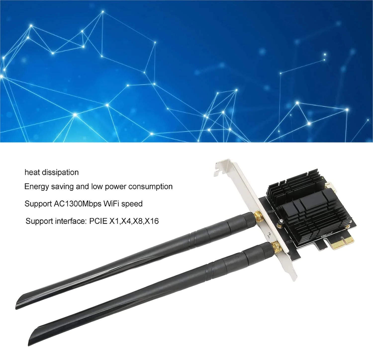 کارت وای فای PCIe برای کامپیوتر، بلوتوث 4.2 AC1300Mbps دو بانده (2.4GHz 5.8GHz)، کارت وای فای رومیزی برای استریم و گیمینگ، پشتیبانی از PCIE X1, X4, X8, X16