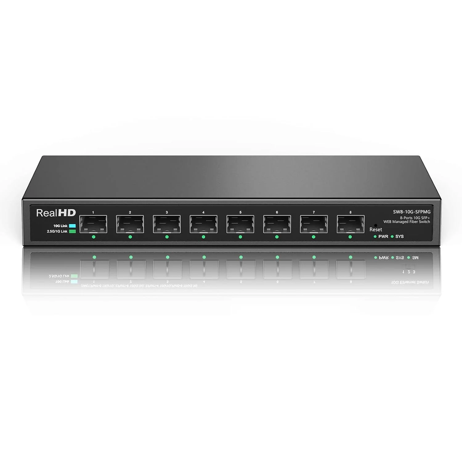 سوئیچ فیبر نوری مدیریتی 8 پورت 10 گیگابیت SFP+ با 8 پورت SFP+ 10G | Multi-Gig 10G-2.5G-1G | بدون فن | پهنای باند 160G | بدنه فلزی بدون قابلیت نصب در رک | پشتیبانی از جامبو فریم/ VLAN/ تجمیع لینک/ QoS