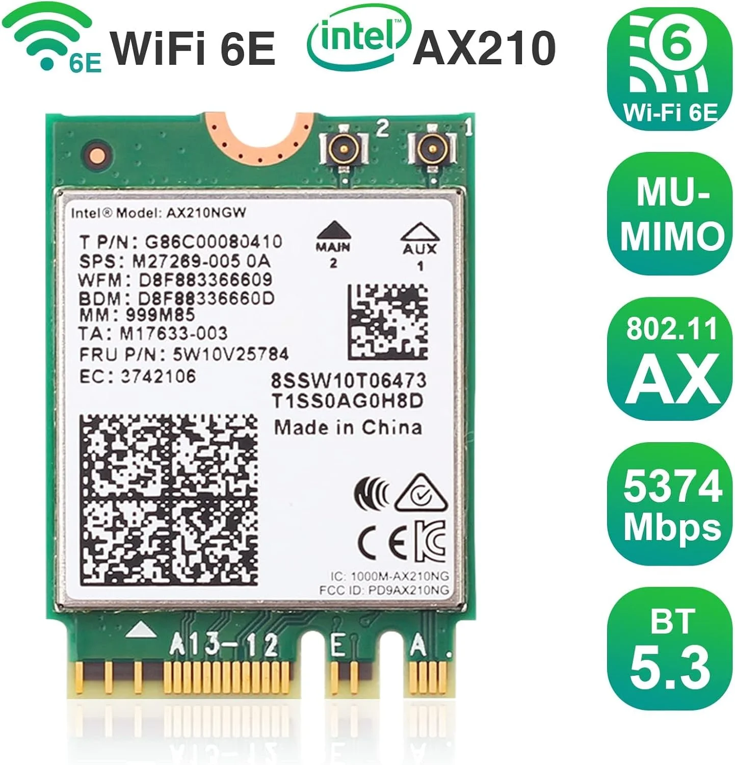 کارت شبکه بی‌سیم EDUP WiFi 6E AX210 NGW، آداپتور شبکه لپ‌تاپ اینتل با بلوتوث 5.3، ماژول WiFi سه بانده 5400 مگابیت بر ثانیه، تراشه WiFi M.2/NGFF 2230، MU-MIMO، پشتیبانی از ویندوز 10/11 (64 بیتی)