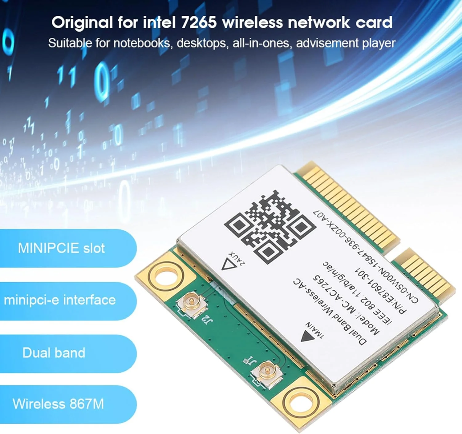 کارت شبکه وایرلس Ejoyous PCIE مدل MC-AC7265، آداپتور کارت شبکه WLAN دو بانده 2.4G/5G بلوتوث و WiFi برای لپ تاپ، نوت بوک و کامپیوترهای شخصی با سیستم عامل Win7، Win 8 و Win 10