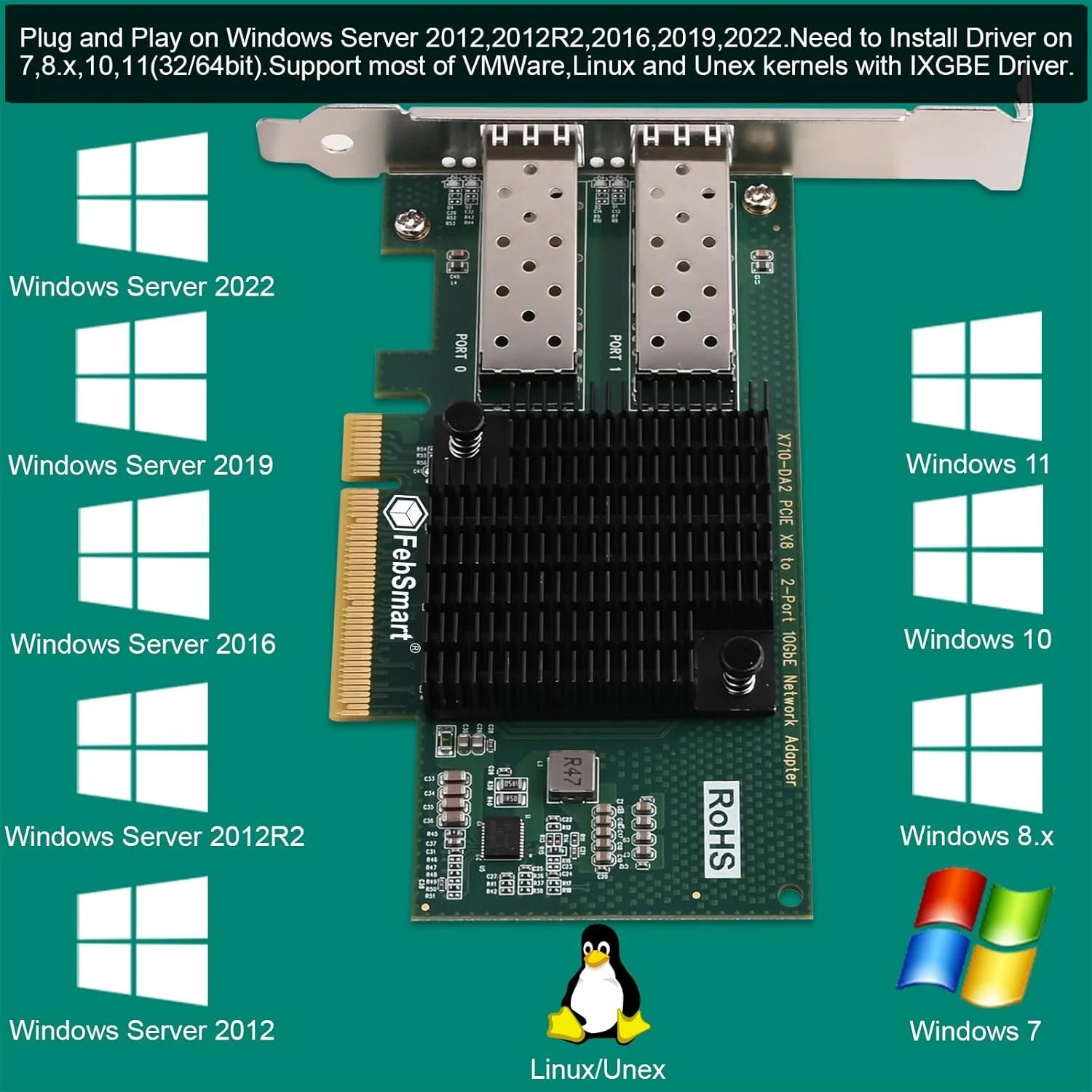 آداپتور اترنت همگرا FebSmart با رابط PCIE X8 به 2 پورت فیبر نوری 10GbE SFP+، کنترلر اترنت 10GbE دو پورت اینتل X710-BM2، کارت شبکه PCIE 10GbE دو پورت، آداپتور LAN 2X 10GbE SFP+ (X710-DA2)