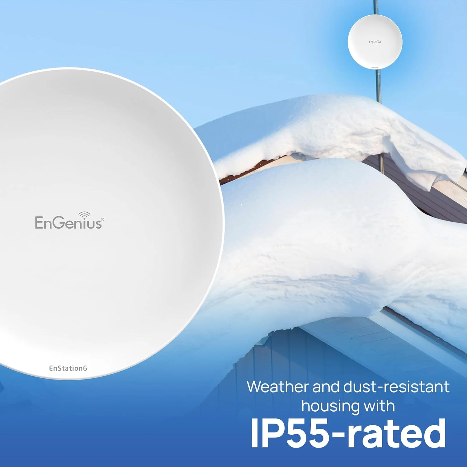 پل بی‌سیم بیرونی EnGenius Wi-Fi 6 (802.11ax) 5GHz 1,200 مگابیت بر ثانیه، 2x2، 26 dBm، آنتن جهت‌دار با بهره بالا 19 dBi، محفظه IP-55، تا 6 مایل نقطه به نقطه [EnStation6]
