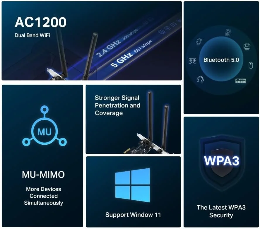 آداپتور PCIe دو بانده وای فای Mercusys TP-Link MA30E AC1200Mbps، بلوتوث 5.0، دو آنتن با کارایی بالا، MU-MIMO، WPA3، سازگار با Windows 11/10