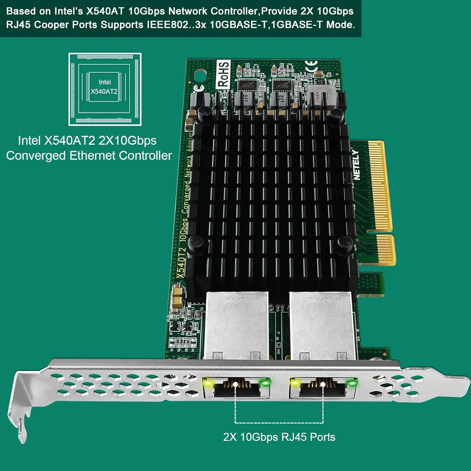 کارت شبکه NETELY PCIE X8 به 2X 10GbE NIC، دارای 2 پورت RJ45 با سرعت 10 گیگابیت بر ثانیه، اسلات PCIE X8، کنترلر اترنت همگرا Intel X540-AT2، آداپتور شبکه 10GbE PCIE برای کامپیوترهای رومیزی و لینوکسی (X540T2)