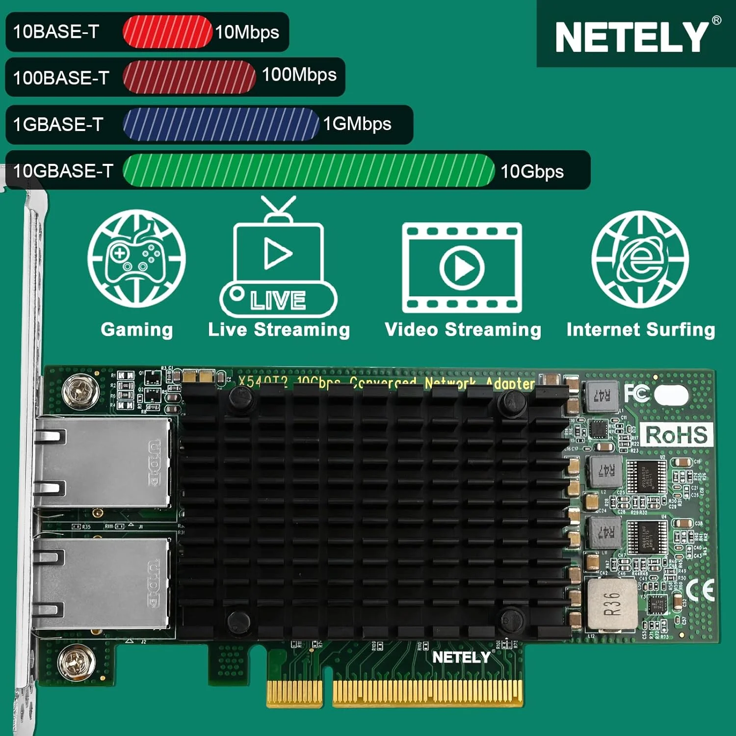 کارت شبکه NETELY PCIE X8 به 2X 10GbE NIC، دارای 2 پورت RJ45 با سرعت 10 گیگابیت بر ثانیه، اسلات PCIE X8، کنترلر اترنت همگرا Intel X540-AT2، آداپتور شبکه 10GbE PCIE برای کامپیوترهای رومیزی و لینوکسی (X540T2)