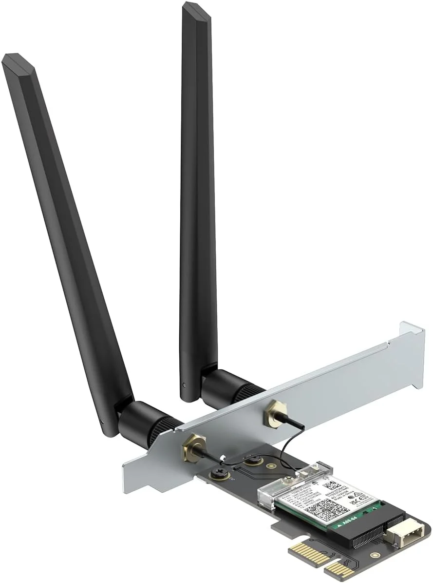 کارت شبکه وای فای 6E AX210 PCIe با بلوتوث 5.3 برای کامپیوترهای رومیزی، آداپتور بی‌سیم سه بانده 6 گیگاهرتز/5.8 گیگاهرتز/2.4 گیگاهرتز با تراشه AX210ngw، MU-MIMO، WPA3، OFDMA، براکت Low-Profile، پشتیبانی از ویندوز 11/10 (64 بیتی)