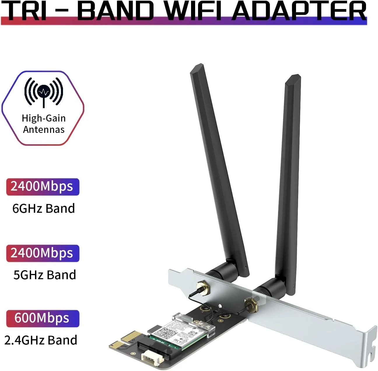 کارت شبکه وای فای 6E AX210 PCIe با بلوتوث 5.3 برای کامپیوترهای رومیزی، آداپتور بی‌سیم سه بانده 6 گیگاهرتز/5.8 گیگاهرتز/2.4 گیگاهرتز با تراشه AX210ngw، MU-MIMO، WPA3، OFDMA، براکت Low-Profile، پشتیبانی از ویندوز 11/10 (64 بیتی)