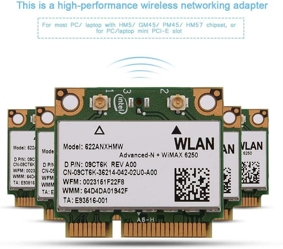 کارت شبکه بی سیم دو بانده Intel Network 6250 WiMax Mini AC + PCI-E WIFI با پشتیبانی از فرکانس 2.4/5 گیگاهرتز، نیم ارتفاع، باندهای شبکه 802.11A/B/H/G/N، پشتیبانی از DELL/Asus/Toshiba/Asus.