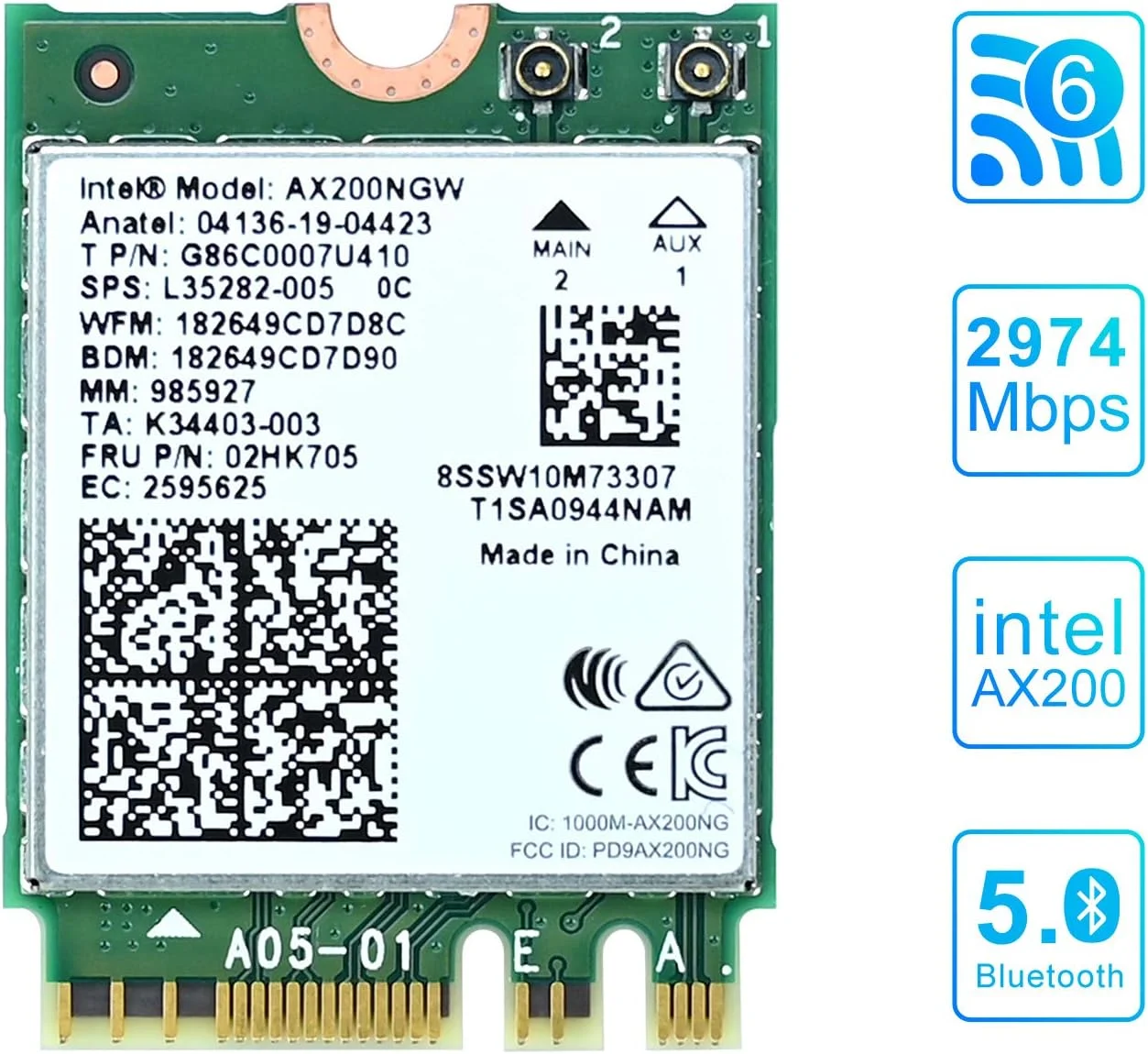 کارت وای فای Podazz AX200 NGW، دو بانده 2.4 گیگاهرتز 574 مگابیت بر ثانیه / 5 گیگاهرتز 2.4 گیگابیت بر ثانیه وای فای 6، آداپتور شبکه بی سیم بلوتوث 5.0 برای ویندوز 10 64 بیتی / سیستم عامل گوگل کروم / لینوکس، M.2/NGFF