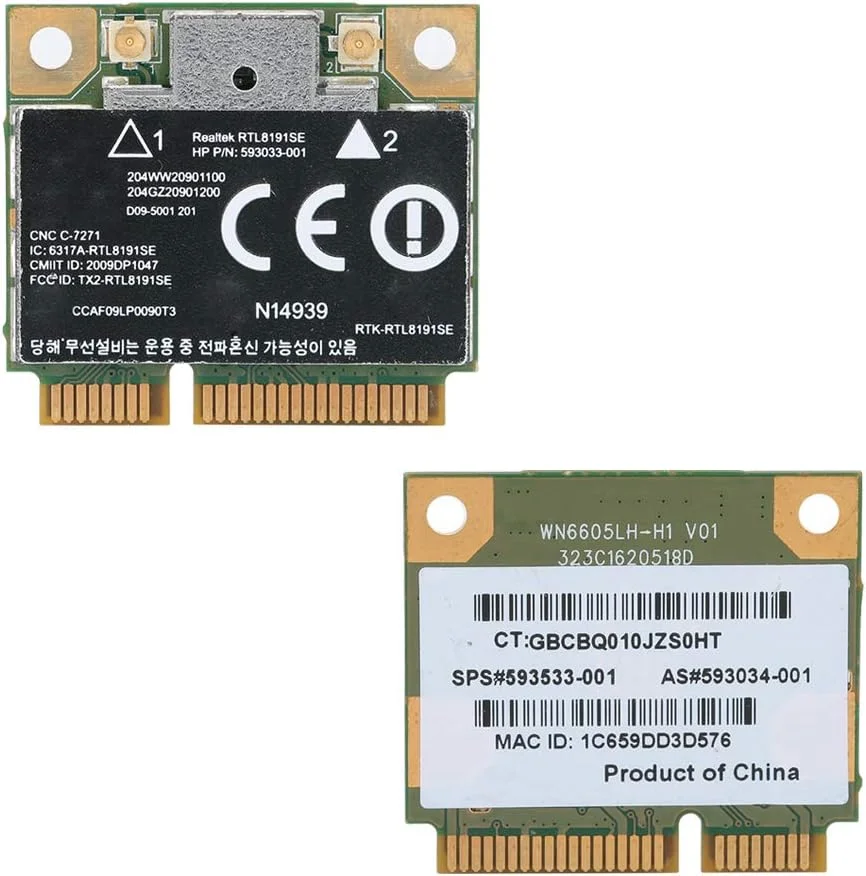 کارت شبکه وایرلس مینی PCI-E 300M مدل RTL8191SE 593533-001 مناسب برای CQ42 G42، کارت PCI-E با رابط مینی PCI-E نیم قد