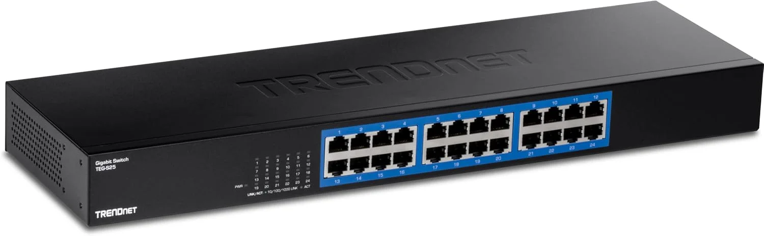 سوئیچ 24 پورت گیگابیتی TRENDnet مدل TEG-S25، دارای 24 پورت RJ-45 گیگابیتی، ظرفیت سوئیچینگ 48 گیگابیت بر ثانیه، طراحی بدون فن، بدنه فلزی، منبع تغذیه داخلی، مشکی