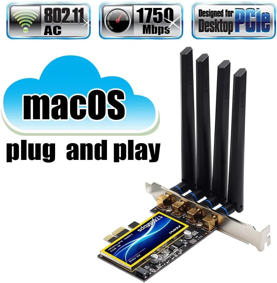 کارت وای فای فنوی T919 PCI برای مک او اس و کامپیوتر، سازگار با Continuity & Handoff BCM94360CD، وای فای Airport و بلوتوث 4.0، سرعت 1750 مگابیت بر ثانیه، دو بانده 5GHz/2.4GHz 3x3 MIMO abgn+ac Beamforming+ WLAN PCI-E (بدون نیاز به درایور برای مک او اس)