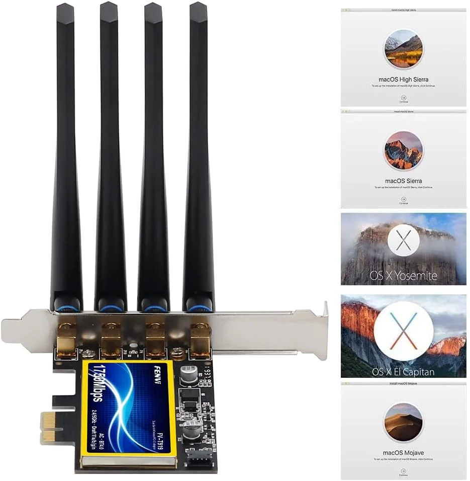 کارت وای فای فنوی T919 PCI برای مک او اس و کامپیوتر، سازگار با Continuity & Handoff BCM94360CD، وای فای Airport و بلوتوث 4.0، سرعت 1750 مگابیت بر ثانیه، دو بانده 5GHz/2.4GHz 3x3 MIMO abgn+ac Beamforming+ WLAN PCI-E (بدون نیاز به درایور برای مک او اس)