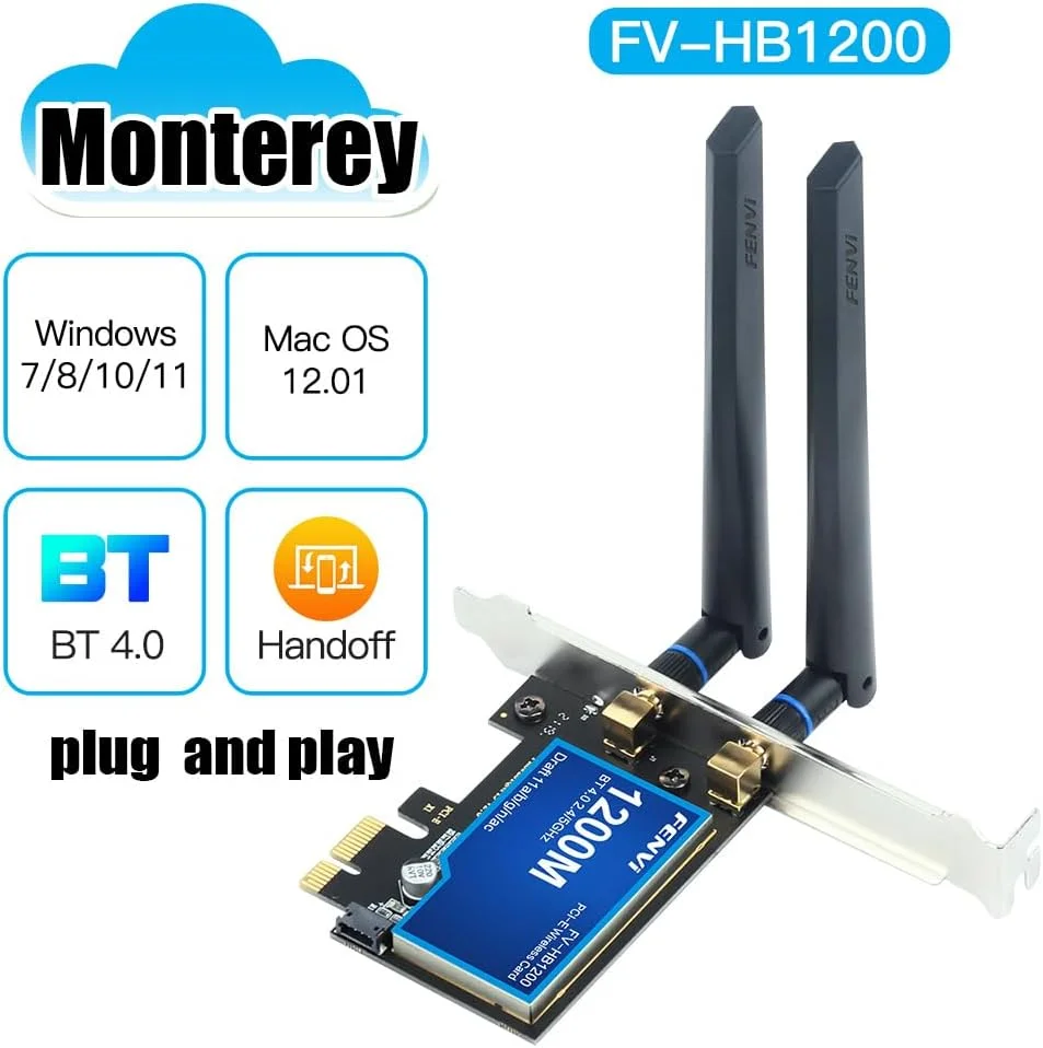 کارت شبکه PCI-E WiFi BT4.0 سازگار با MacOS و Windows 7/8/10/11، آداپتور شبکه 802.11a/g/n/ac، سازگار با AirDrop Handoff Instant Hotspot MIMO BCM4360 AC1200