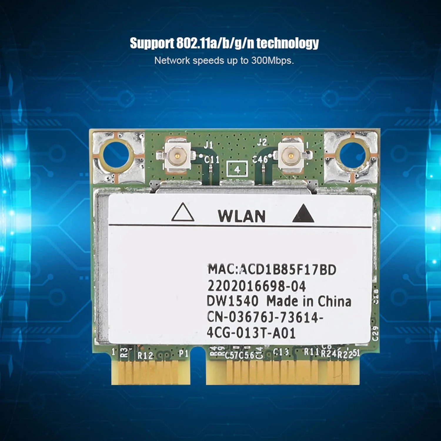 کارت شبکه بی‌سیم، تراشه کنترل، رابط Mini PCI Express (Mini PCI-E) نیمه اندازه، وای فای بی‌سیم دو بانده 2.4/5 گیگاهرتز، برای ویندوز 2000/XP/VISTA/7، 32 بیتی و 64 بیتی.