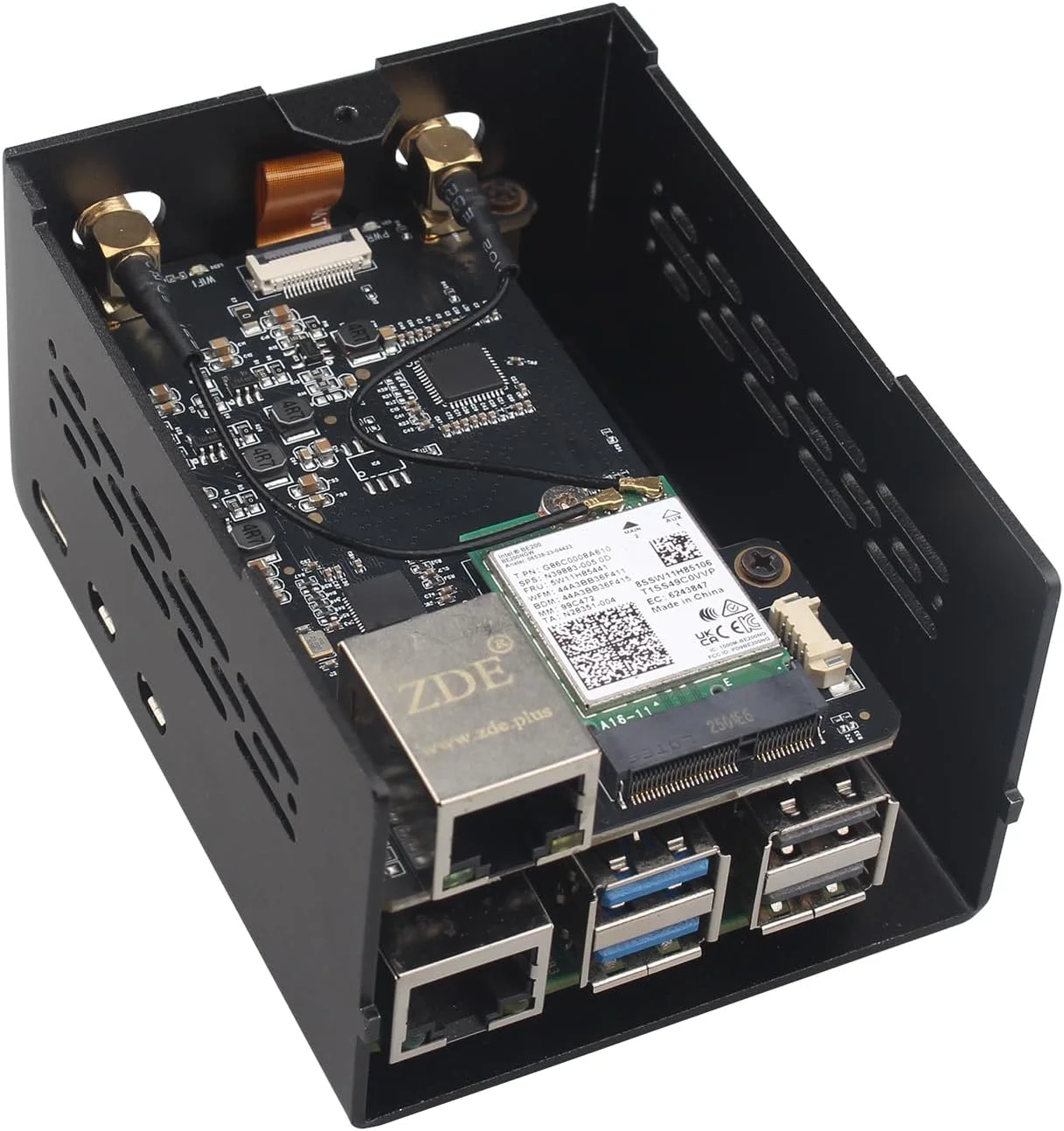 برد توسعه ZDE ZP596 PCIe به M.2 E Key WiFi7 6 6E 5 PCIe به پورت شبکه اترنت 2.5G HAT به همراه کیس آلومینیومی ZC506 برای رزبری پای 5، پشتیبانی از Google TPU WiFi 7 BE200 WIFI6E AX210 MT7922 WIFI6