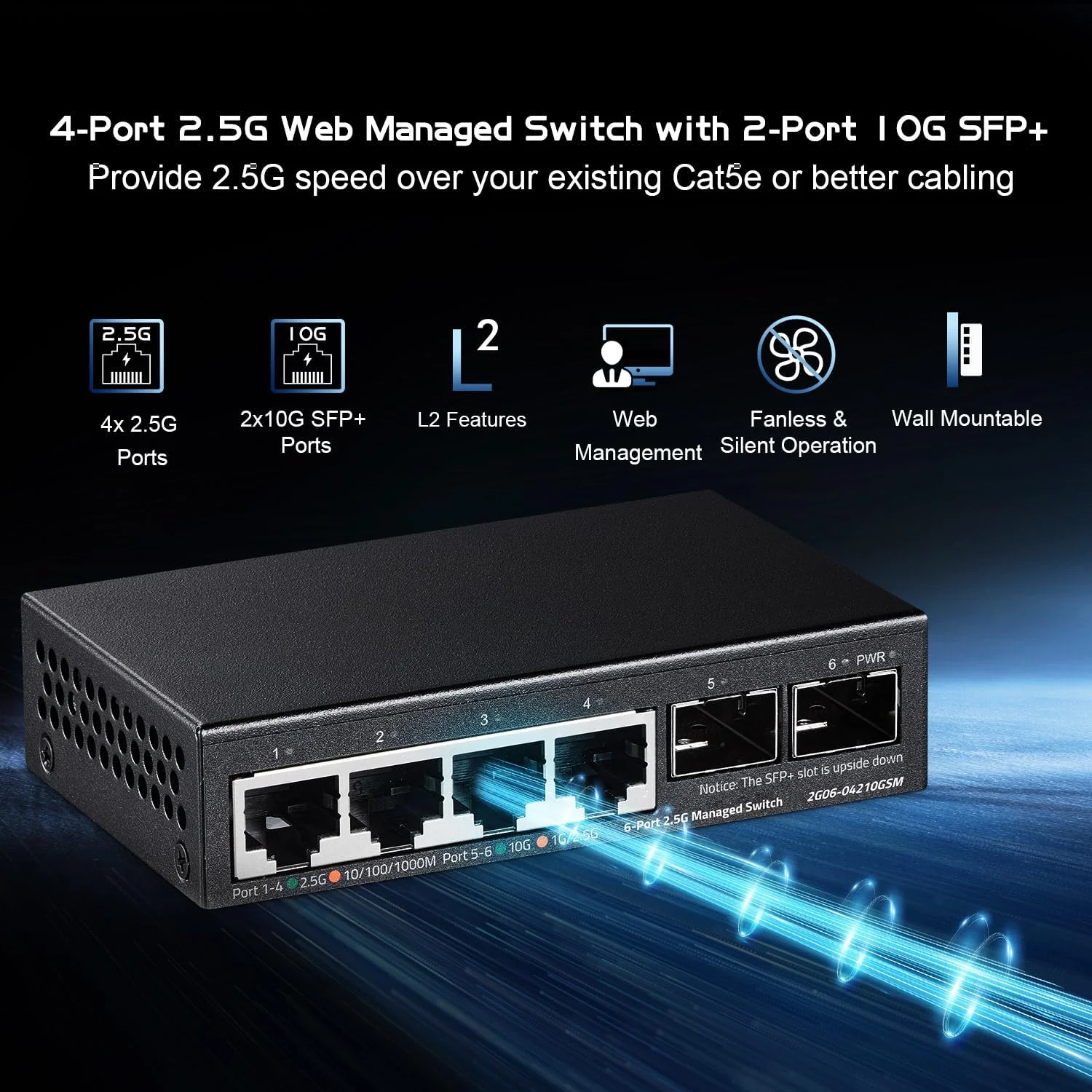 سوئیچ مدیریتی تحت وب بیناردات با ۴ پورت 2.5G و ۲ پورت 10G SFP، سایز فوق العاده کوچک، سوئیچ شبکه چند گیگابیتی فلزی رومیزی/قابل نصب روی دیوار