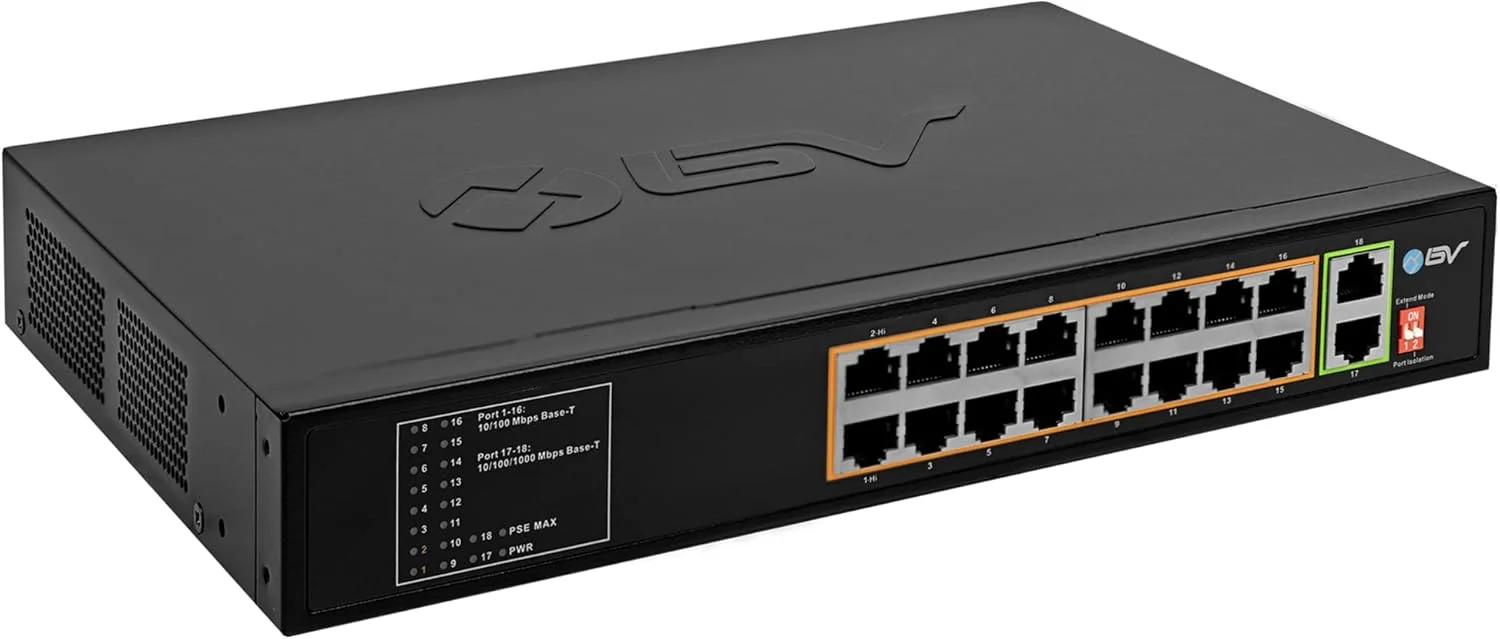 سوییچ PoE+ با برد بلند BV-Tech دارای ۱۸ پورت (۱۶ پورت PoE+ | ۲ پورت آپ‌لینک گیگابیتی اترنت) - قابل نصب در رک ۱۹ اینچی - ۱۳۵ وات - 802.3af/at - طراحی رومیزی برای نصب آسان