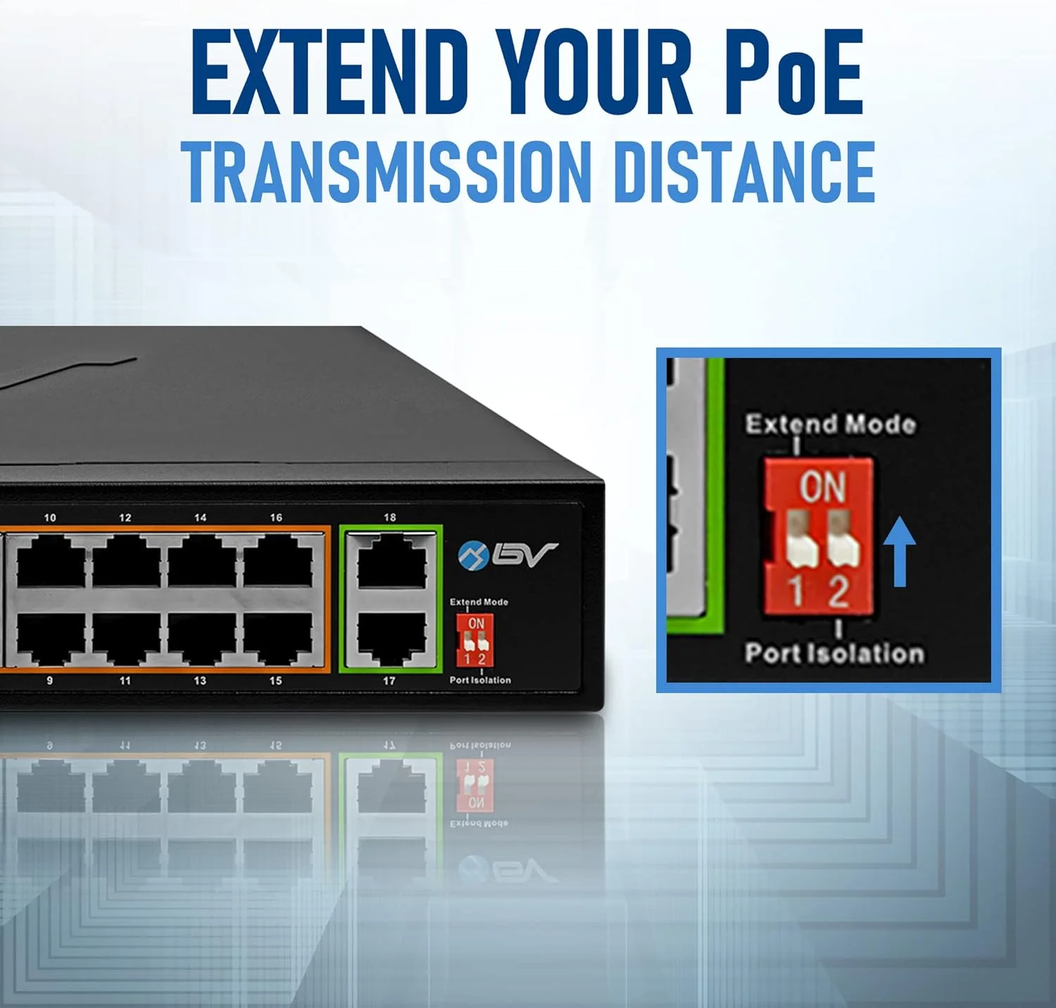 سوییچ PoE+ با برد بلند BV-Tech دارای ۱۸ پورت (۱۶ پورت PoE+ | ۲ پورت آپ‌لینک گیگابیتی اترنت) - قابل نصب در رک ۱۹ اینچی - ۱۳۵ وات - 802.3af/at - طراحی رومیزی برای نصب آسان