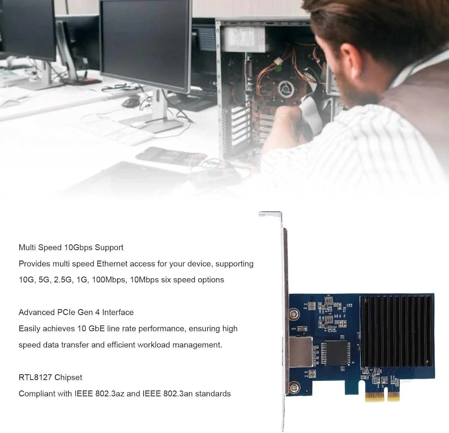 کارت شبکه Bewinner 10G PCIe با چیپست RTL8127 و پورت RJ45، آداپتور PCI Express Gen 4 X1 به 10 گیگابیت اترنت، کارت LAN چند سرعته 10G/5G/2.5G/1G برای سرورها و رایانه های رومیزی