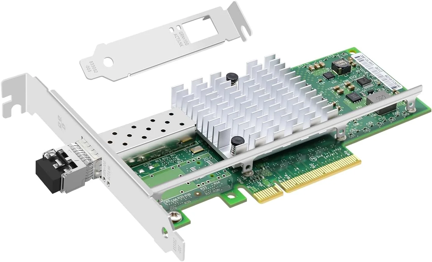 آداپتور کارت شبکه فیبر نوری اترنت Buacoz 10GB PCI-E X8، کنترلر تک پورت SFP+، با تراشه Intel 82599 X520-SR1 پشتیبانی از Windows Server/Linux/VMware (همراه با 1 قطعه ماژول نوری چند حالته)