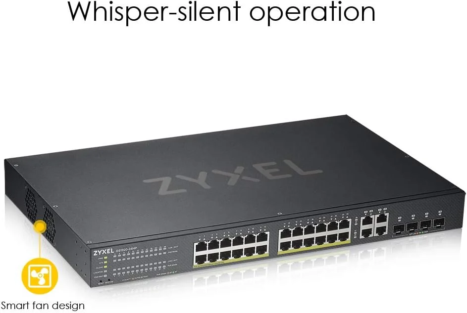 سوئیچ 24 پورت گیگابیتی اترنت هوشمند مدیریتی PoE+ زایکسل با بودجه توان 375 وات و 4 پورت کمبو گیگابیتی و حالت ابر ترکیبی [GS1920-24HPv2]