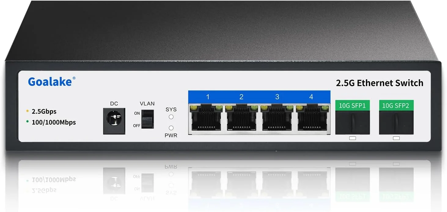 سوئیچ اترنت گیگابیتی 6 پورت 2.5G Goalake، دارای 4 پورت RJ45 2.5G و 2 پورت SFP 10G، ظرفیت سوئیچینگ 60 گیگابیت بر ثانیه، ایده آل برای NAS 2.5G، ویدیو 4K، کامپیوتر گیمینگ، سرور 2.5G، WiFi 6 AP 2.5G، آداپتور PCIe 2.5G