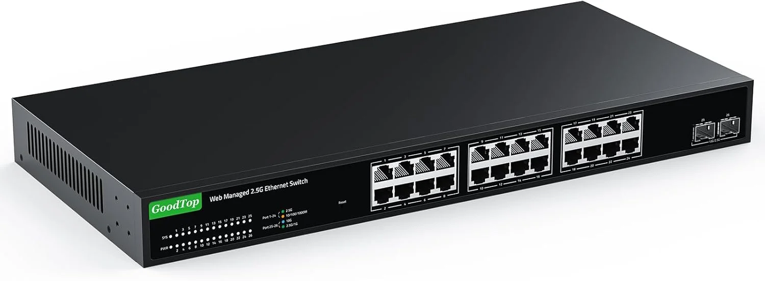 سوئیچ مدیریتی تحت وب GoodTop با 24 پورت 2.5 گیگابیتی، 24 پورت 2.5G، 2 پورت 10G SFP+، پهنای باند 160 گیگابیت بر ثانیه، سوئیچ شبکه مدیریتی هوشمند با LACP/VLAN/QoS/DHCP Client، سوئیچ اترنت فلزی بدون فن، قابل نصب در رک 1U