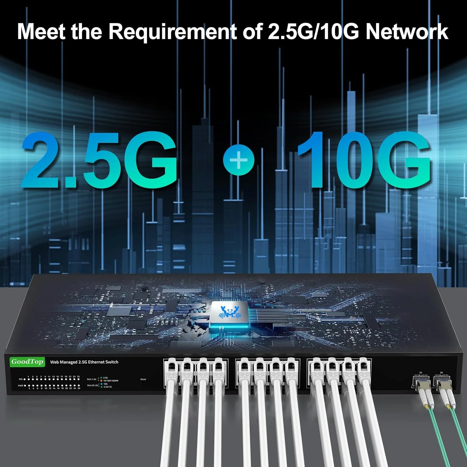 سوئیچ مدیریتی تحت وب GoodTop با 24 پورت 2.5 گیگابیتی، 24 پورت 2.5G، 2 پورت 10G SFP+، پهنای باند 160 گیگابیت بر ثانیه، سوئیچ شبکه مدیریتی هوشمند با LACP/VLAN/QoS/DHCP Client، سوئیچ اترنت فلزی بدون فن، قابل نصب در رک 1U