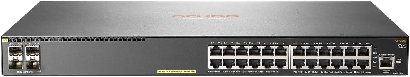 سوئیچ HPE Aruba 2930F 24G PoE + 4SFP - مدیریتی - 24 پورت 10/100/1000 (PoE +) + 4 پورت گیگابیتی SFP (uplink) - قابل نصب در رک - PoE + (370 W)، خاکستری