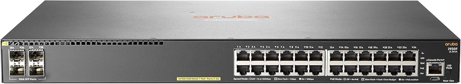سوئیچ HPE Aruba 2930F 24G PoE + 4SFP - مدیریتی - 24 پورت 10/100/1000 (PoE +) + 4 پورت گیگابیتی SFP (uplink) - قابل نصب در رک - PoE + (370 W)، خاکستری
