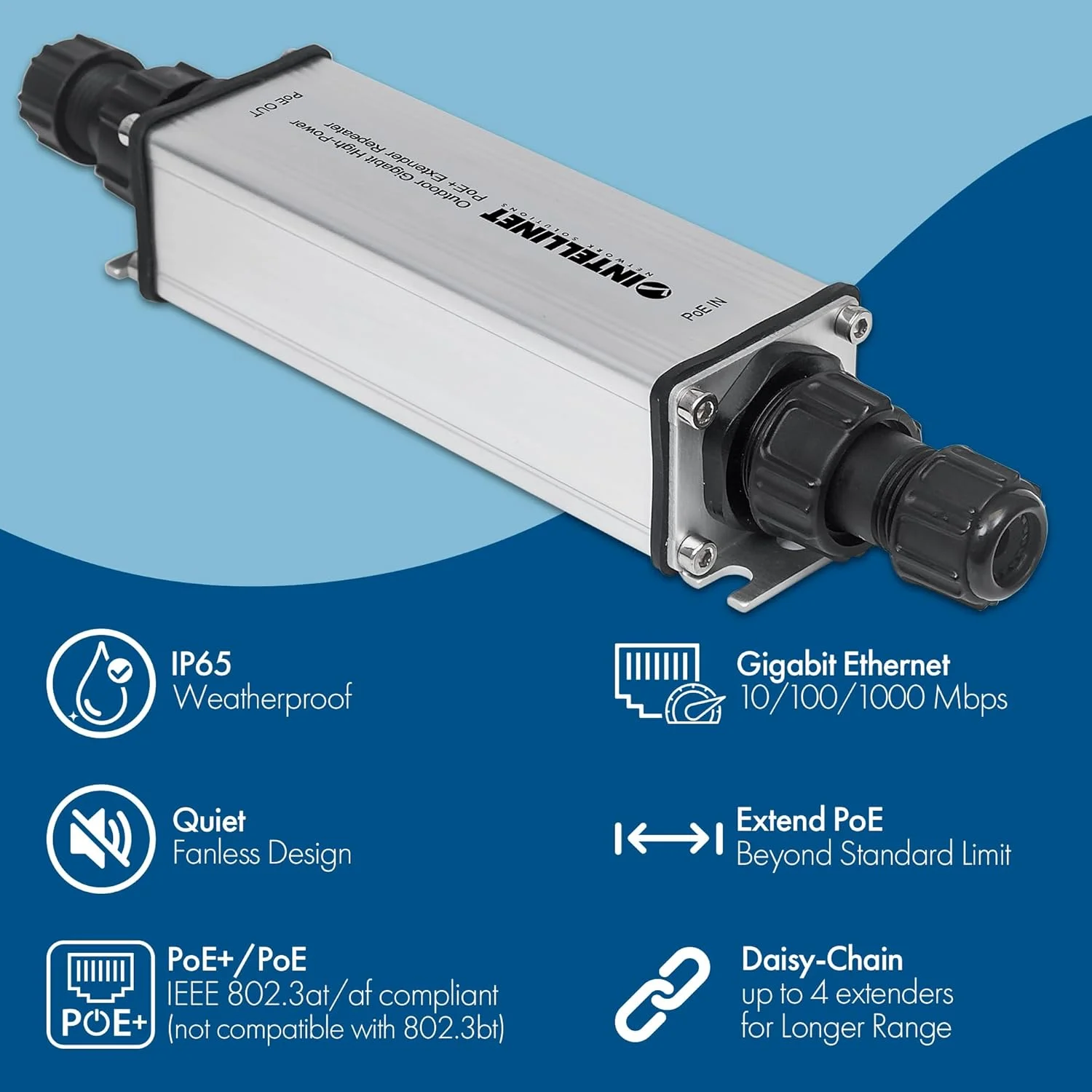 Intellinet 561211 Outdoor Gigabit High-Power PoE+ Extender Repeater, IEEE 802.3at/af Power over Ethernet (PoE+/PoE), Extends Range up to 100 m (328 ft.), Metal, IP65