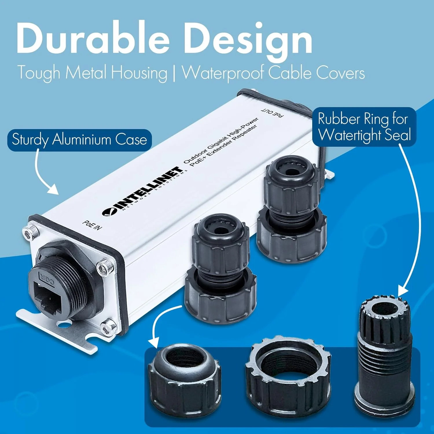 Intellinet 561211 Outdoor Gigabit High-Power PoE+ Extender Repeater, IEEE 802.3at/af Power over Ethernet (PoE+/PoE), Extends Range up to 100 m (328 ft.), Metal, IP65