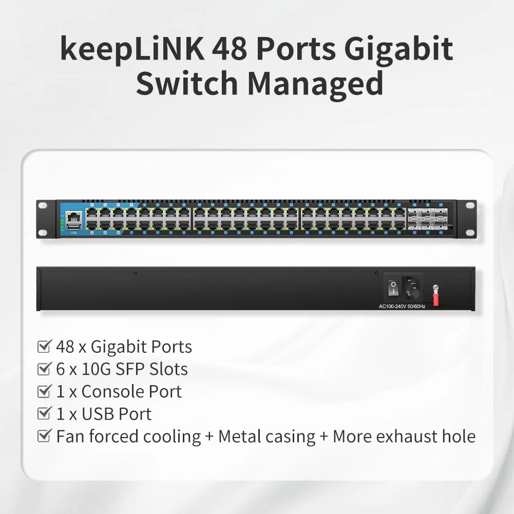 سوییچ اترنت گیگابیتی 48 پورت keepLiNK - دستگاه شبکه کامپیوتری، مدیریتی، با 6 اسلات SFP 1G، 1 پورت کنسول، 1 پورت USB، IPv6، مسیریابی استاتیک، قابل نصب روی میز یا رک