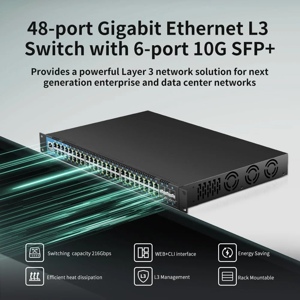 سوییچ اترنت گیگابیتی 48 پورت keepLiNK - دستگاه شبکه کامپیوتری، مدیریتی، با 6 اسلات SFP 1G، 1 پورت کنسول، 1 پورت USB، IPv6، مسیریابی استاتیک، قابل نصب روی میز یا رک