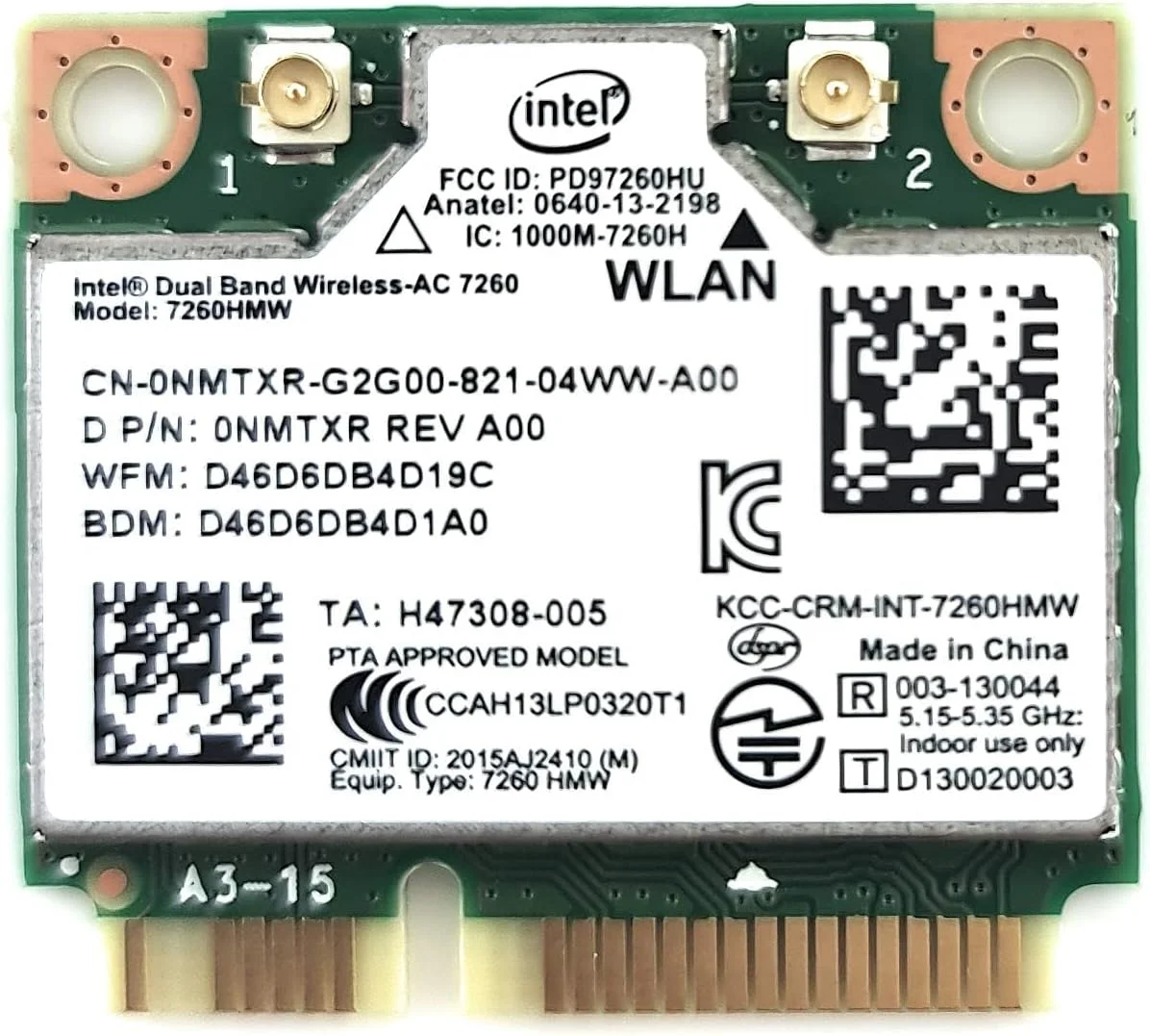 آداپتور شبکه اینتل 7260.HMW دو بانده Wireless-AC 7260 PCI Express Half Mini Card 802.11 b/a/g/n/ac