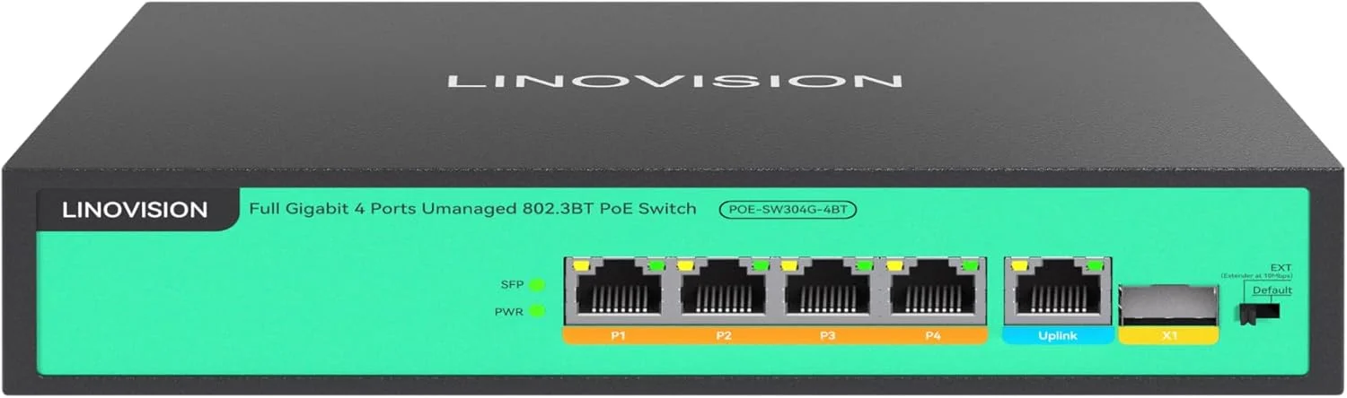 سوئیچ 4 پورت گیگابیتی PoE++ لینوویژن، توان داخلی 96 وات، پشتیبانی از BT 90W در تمام 4 پورت، توان کافی برای همه دستگاه های PoE IEEE 802.3 af/at/bt، از جمله دوربین های PTZ، اکسس پوینت بی سیم و چراغ PoE