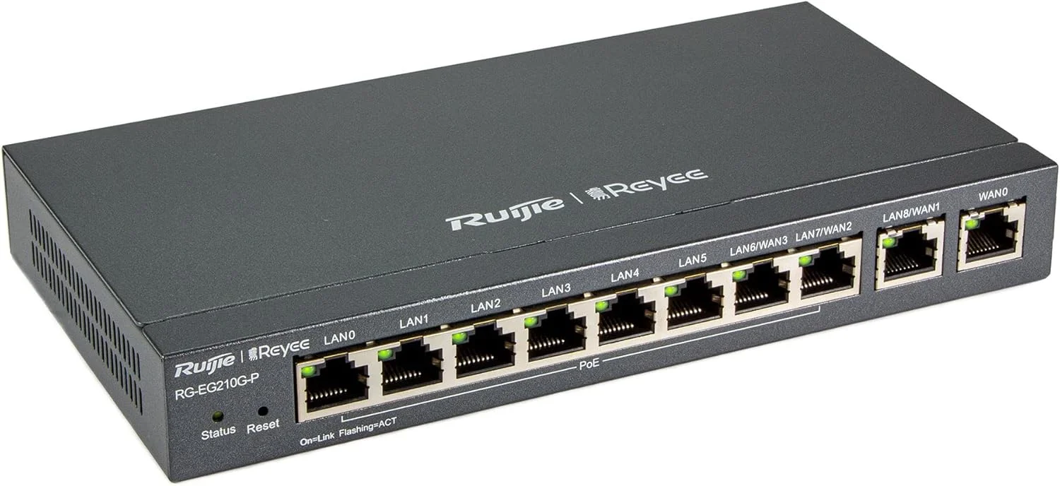 روتر مدیریتی ابری گیگابیتی 10 پورت Ruijie - RG-EG210G-P، پشتیبانی از 8 پورت POE/POE+ با توان 70W، پشتیبانی از 4 پورت WAN، پشتیبانی از 200 کاربر همزمان، سرعت 600Mbps.