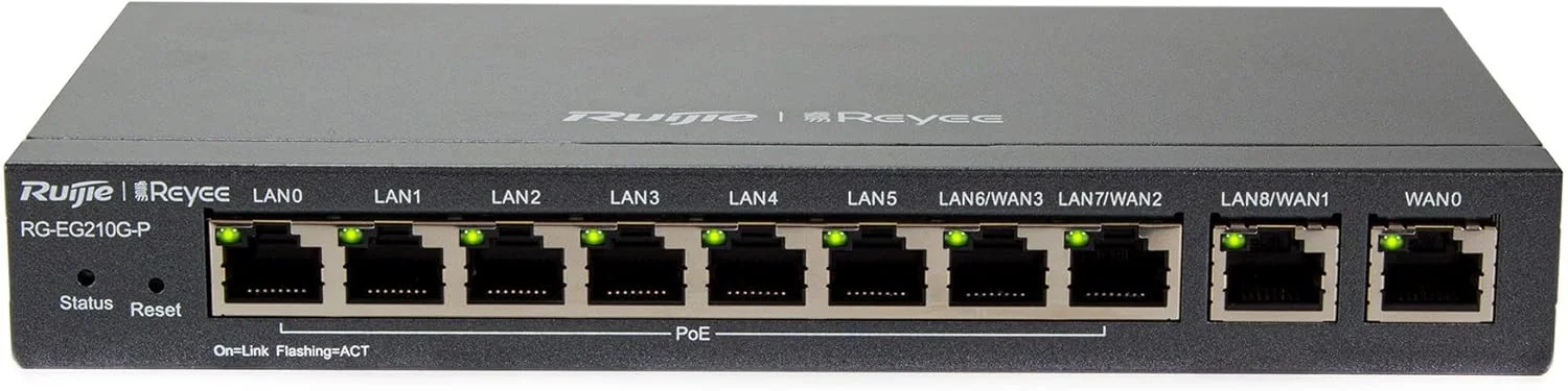 روتر مدیریتی ابری گیگابیتی 10 پورت Ruijie - RG-EG210G-P، پشتیبانی از 8 پورت POE/POE+ با توان 70W، پشتیبانی از 4 پورت WAN، پشتیبانی از 200 کاربر همزمان، سرعت 600Mbps.