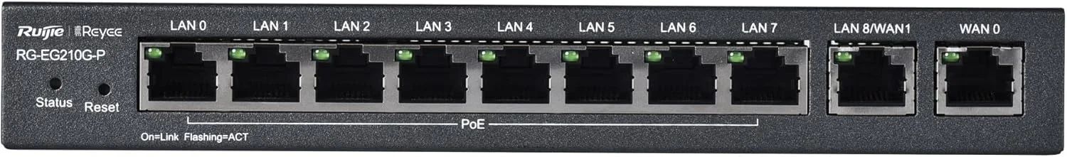 روتر مدیریتی ابری گیگابیتی 10 پورت Ruijie - RG-EG210G-P، پشتیبانی از 8 پورت POE/POE+ با توان 70W، پشتیبانی از 4 پورت WAN، پشتیبانی از 200 کاربر همزمان، سرعت 600Mbps.