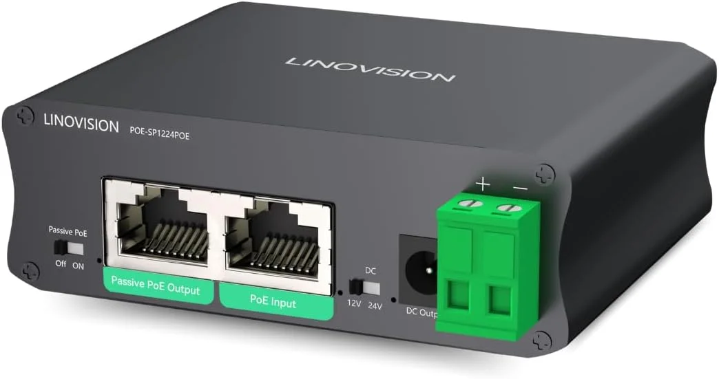 اسپلیتر صنعتی گیگابیتی 30 واتی PoE لینویژن با خروجی قابل تعویض DC12V/24V و خروجی PoE پسیو برای بریج های بی سیم، طراحی شده برای دوربین ها و سیستم های IoT