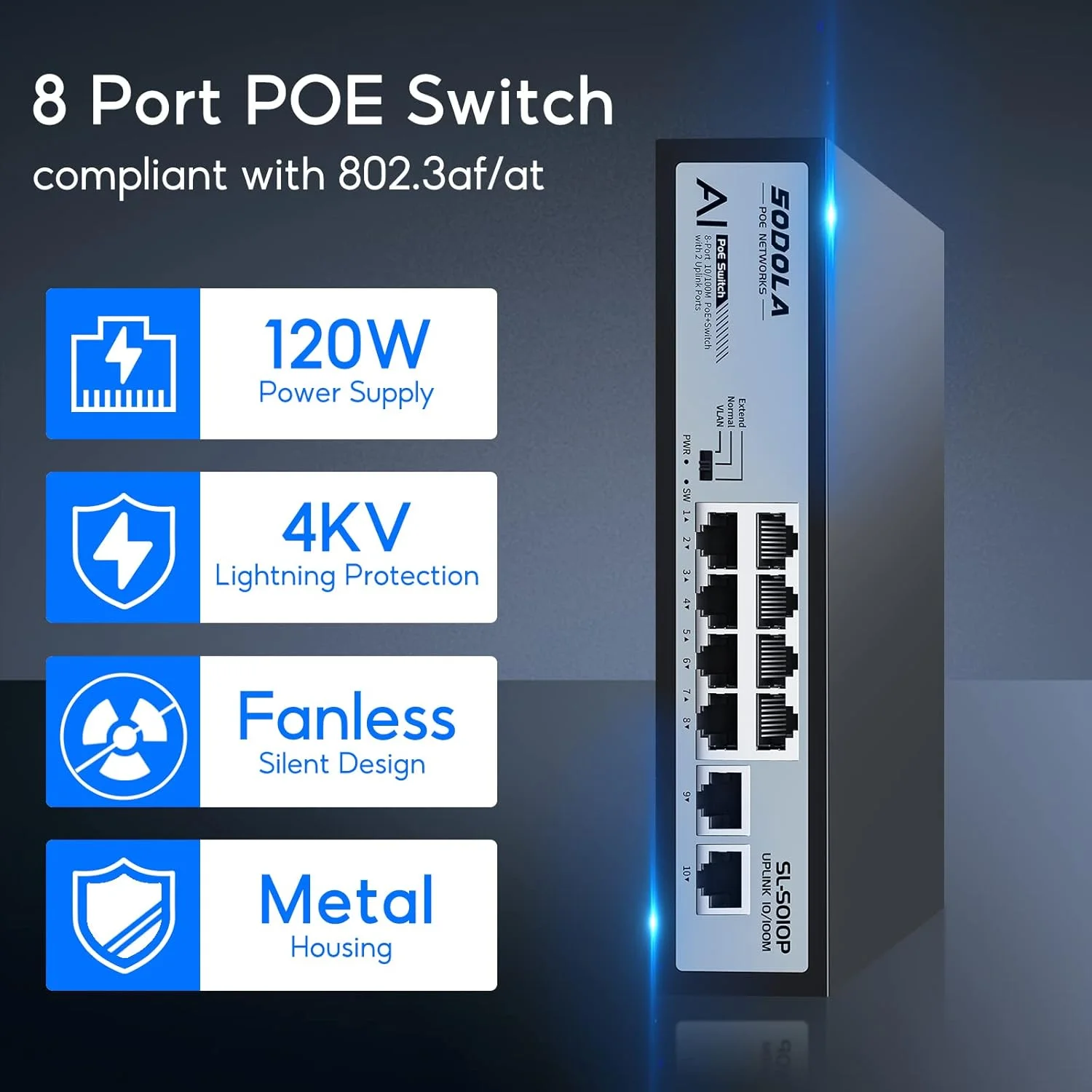 سوئیچ 8 پورت PoE سودولا 100 مگابیت بر ثانیه/8 پورت PoE+، 2 آپلینک اترنت، 120 وات 802.3af/at، عملکرد توسعه یافته، سوئیچ شبکه غیر مدیریتی فلزی بدون فن، پلاگ اند پلی